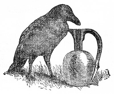 At last he collected as many stones as he could carry and dropped them one by one with his beak into the pitcher, until he brought the water within his reach.