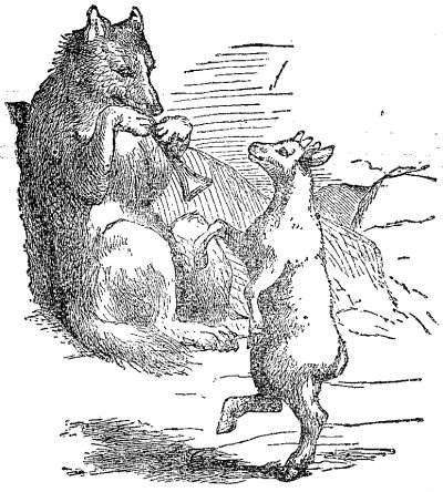 The Wolf complied, and while he was piping, and the Kid was dancing, the hounds, hearing the sound, came up and gave chase to the Wolf.